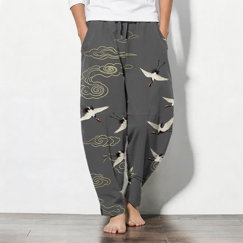 Nimara Ritual Pure Cotton White Red-crowned Crane Clouds Pattern Drawstring Men's Tapered Pants With Pockets