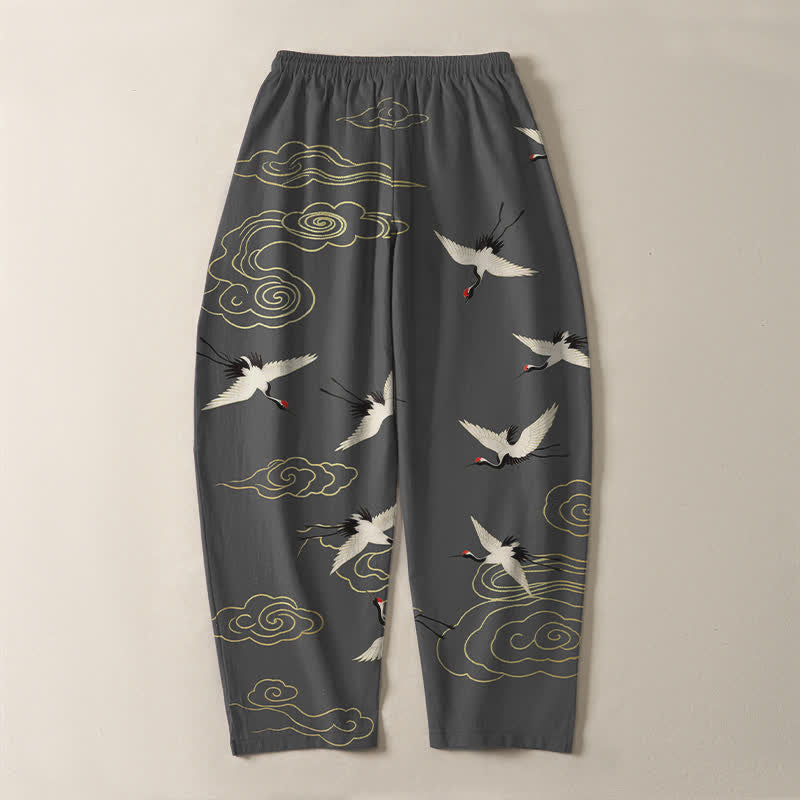 Nimara Ritual Pure Cotton White Red-crowned Crane Clouds Pattern Drawstring Men's Tapered Pants With Pockets