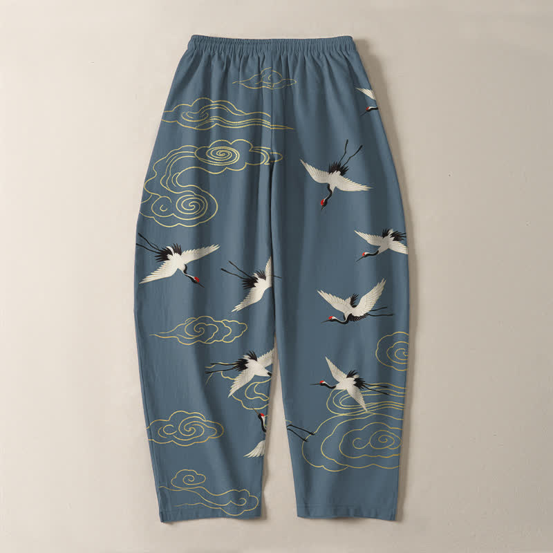 Nimara Ritual Pure Cotton White Red-crowned Crane Clouds Pattern Drawstring Men's Tapered Pants With Pockets