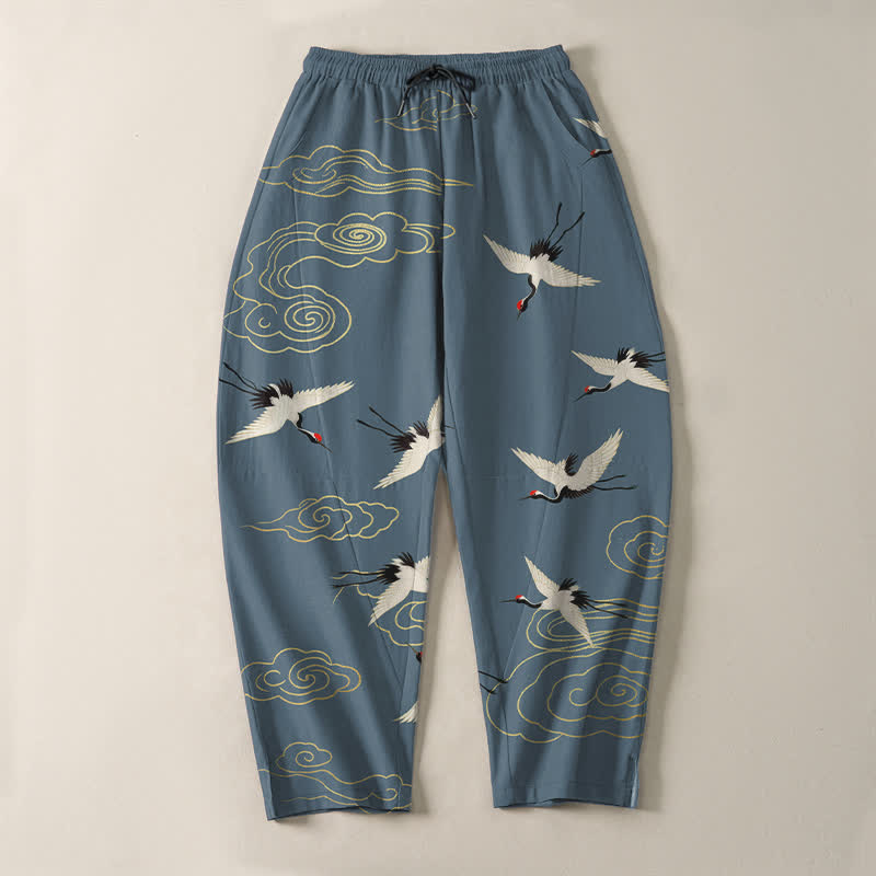 Nimara Ritual Pure Cotton White Red-crowned Crane Clouds Pattern Drawstring Men's Tapered Pants With Pockets
