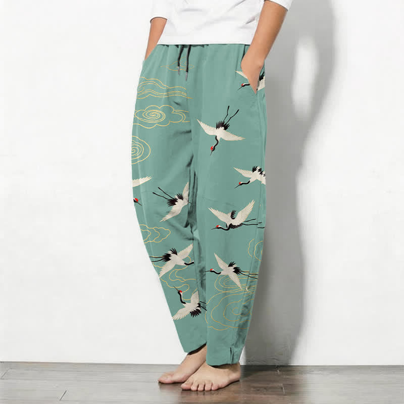 Nimara Ritual Pure Cotton White Red-crowned Crane Clouds Pattern Drawstring Men's Tapered Pants With Pockets