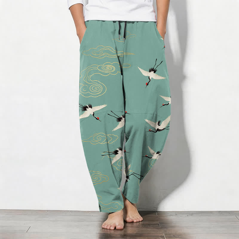 Nimara Ritual Pure Cotton White Red-crowned Crane Clouds Pattern Drawstring Men's Tapered Pants With Pockets