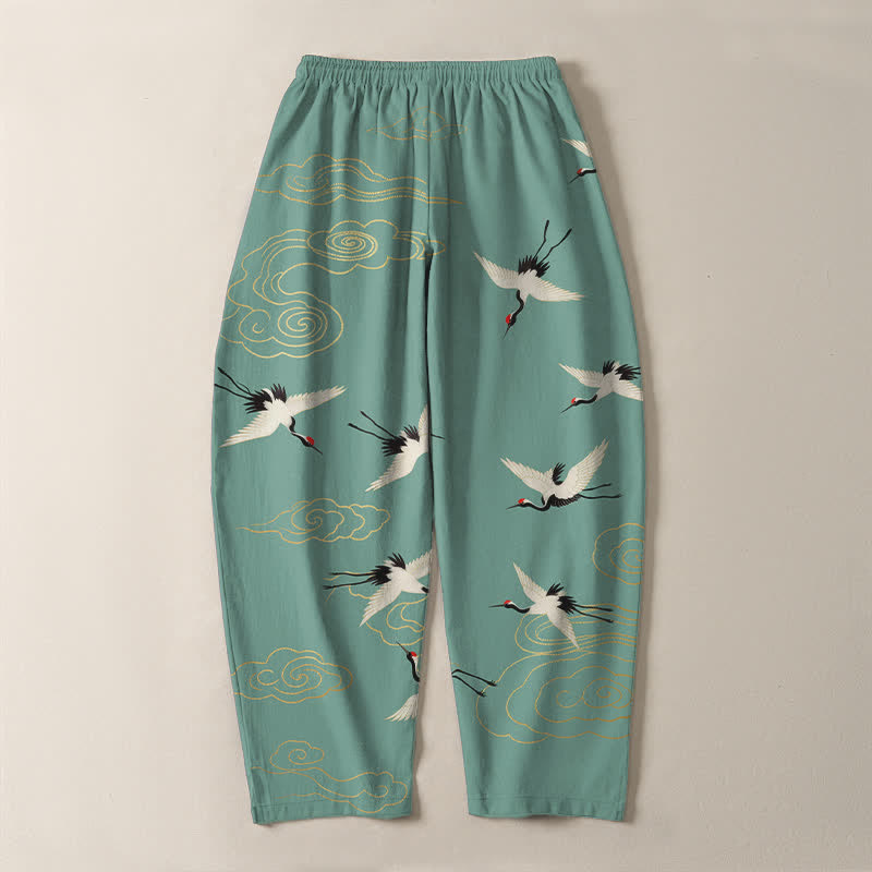 Nimara Ritual Pure Cotton White Red-crowned Crane Clouds Pattern Drawstring Men's Tapered Pants With Pockets