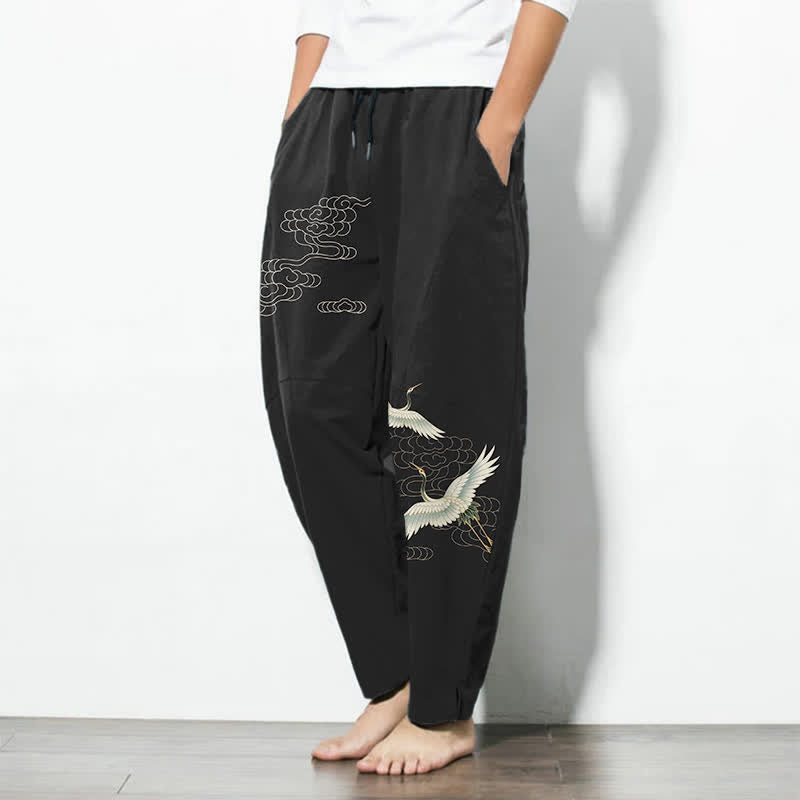Nimara Ritual Pure Cotton White Crane Clouds Pattern Drawstring Men's Tapered Pants With Pockets