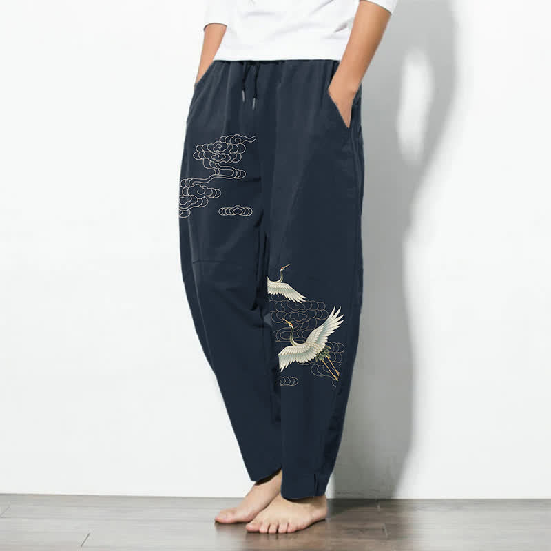 Nimara Ritual Pure Cotton White Crane Clouds Pattern Drawstring Men's Tapered Pants With Pockets