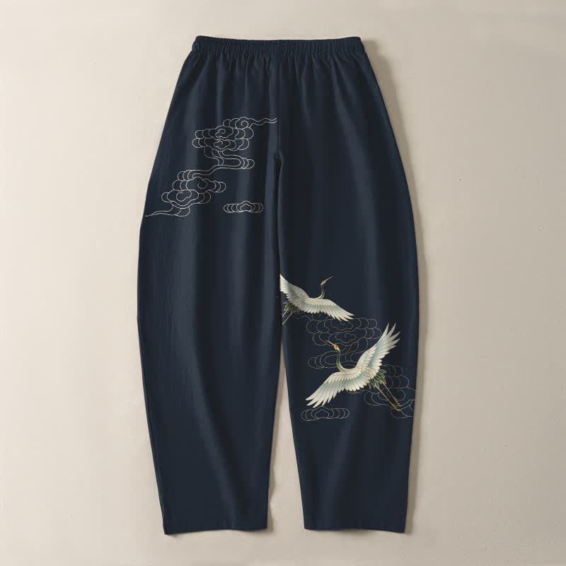 Nimara Ritual Pure Cotton White Crane Clouds Pattern Drawstring Men's Tapered Pants With Pockets