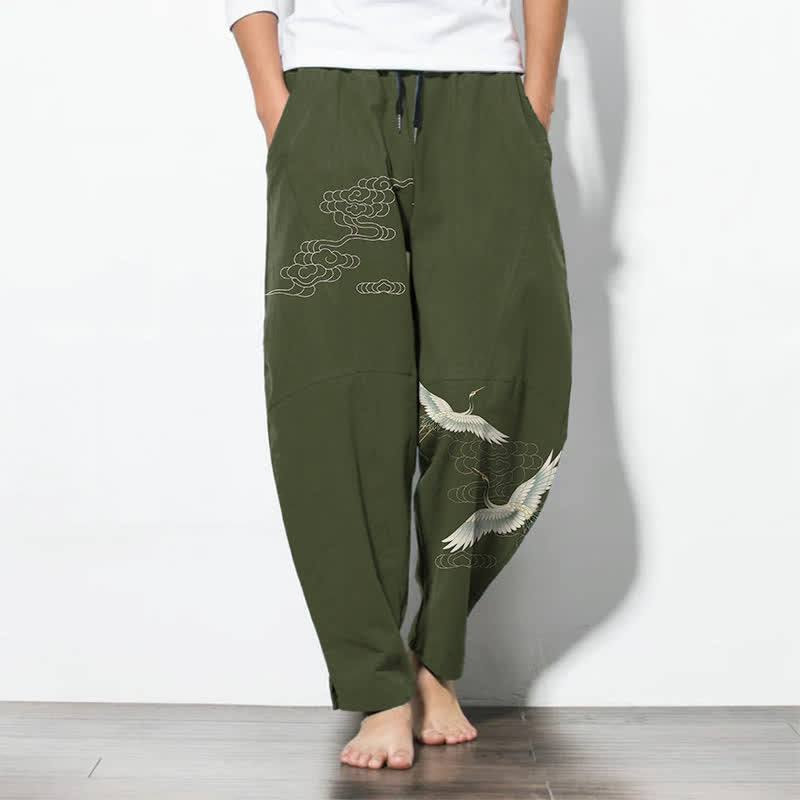 Nimara Ritual Pure Cotton White Crane Clouds Pattern Drawstring Men's Tapered Pants With Pockets