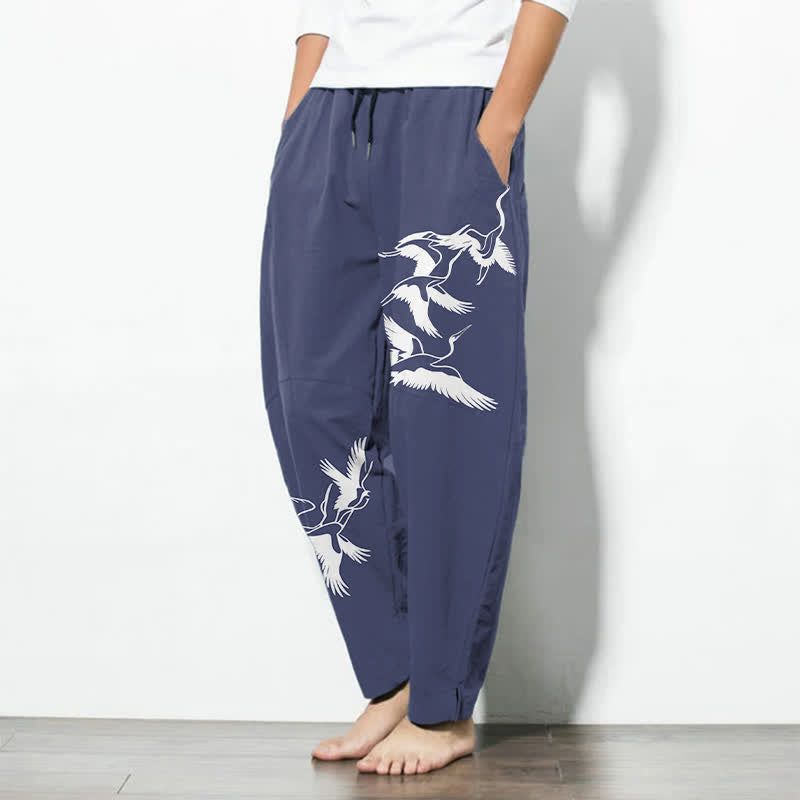 Nimara Ritual Pure Cotton Flying Crane Pattern Drawstring Men's Tapered Pants With Pockets