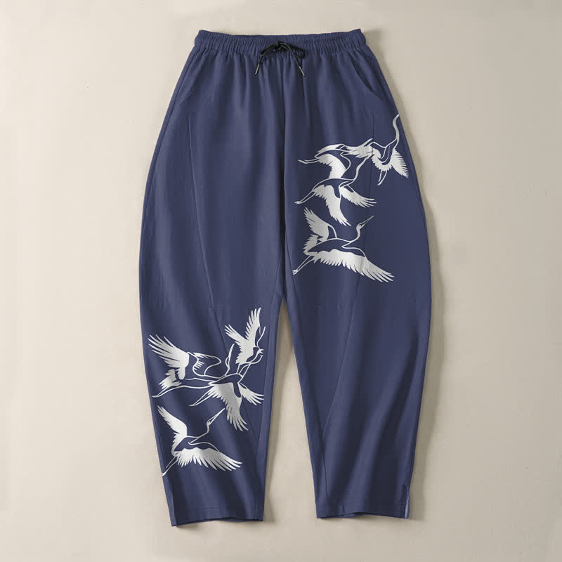 Nimara Ritual Pure Cotton Flying Crane Pattern Drawstring Men's Tapered Pants With Pockets