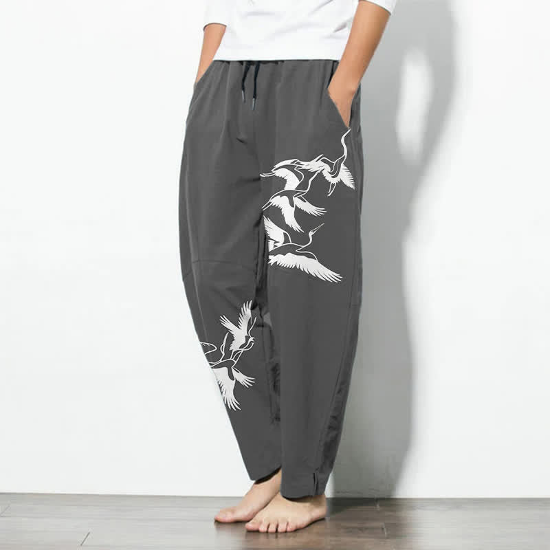 Nimara Ritual Pure Cotton Flying Crane Pattern Drawstring Men's Tapered Pants With Pockets