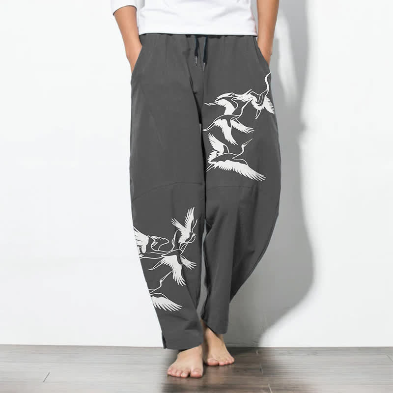 Nimara Ritual Pure Cotton Flying Crane Pattern Drawstring Men's Tapered Pants With Pockets