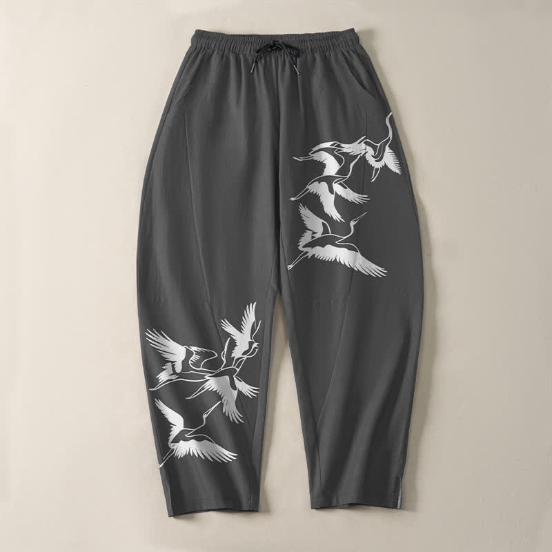 Nimara Ritual Pure Cotton Flying Crane Pattern Drawstring Men's Tapered Pants With Pockets
