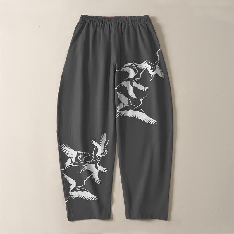 Nimara Ritual Pure Cotton Flying Crane Pattern Drawstring Men's Tapered Pants With Pockets