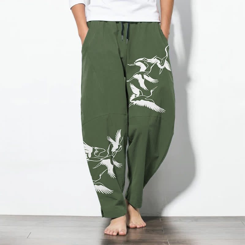 Nimara Ritual Pure Cotton Flying Crane Pattern Drawstring Men's Tapered Pants With Pockets