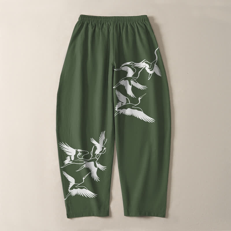 Nimara Ritual Pure Cotton Flying Crane Pattern Drawstring Men's Tapered Pants With Pockets