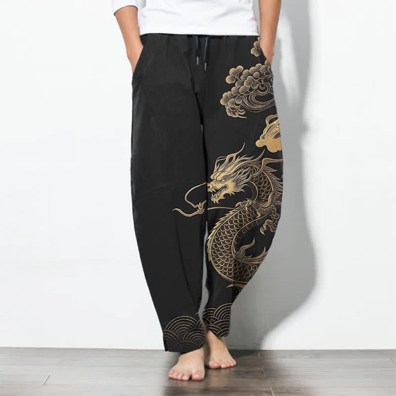 Nimara Ritual Pure Cotton Golden Dragon Cloud Pattern Drawstring Men's Tapered Pants With Pockets