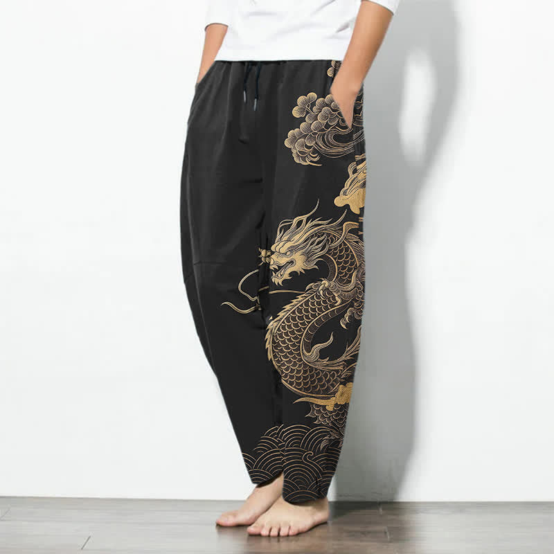 Nimara Ritual Pure Cotton Golden Dragon Cloud Pattern Drawstring Men's Tapered Pants With Pockets