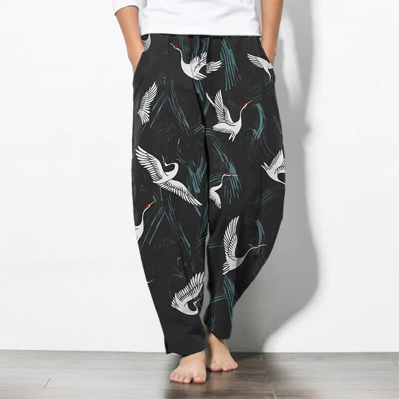 Nimara Ritual Pure Cotton Black White Crane Pattern Drawstring Men's Tapered Pants With Pockets