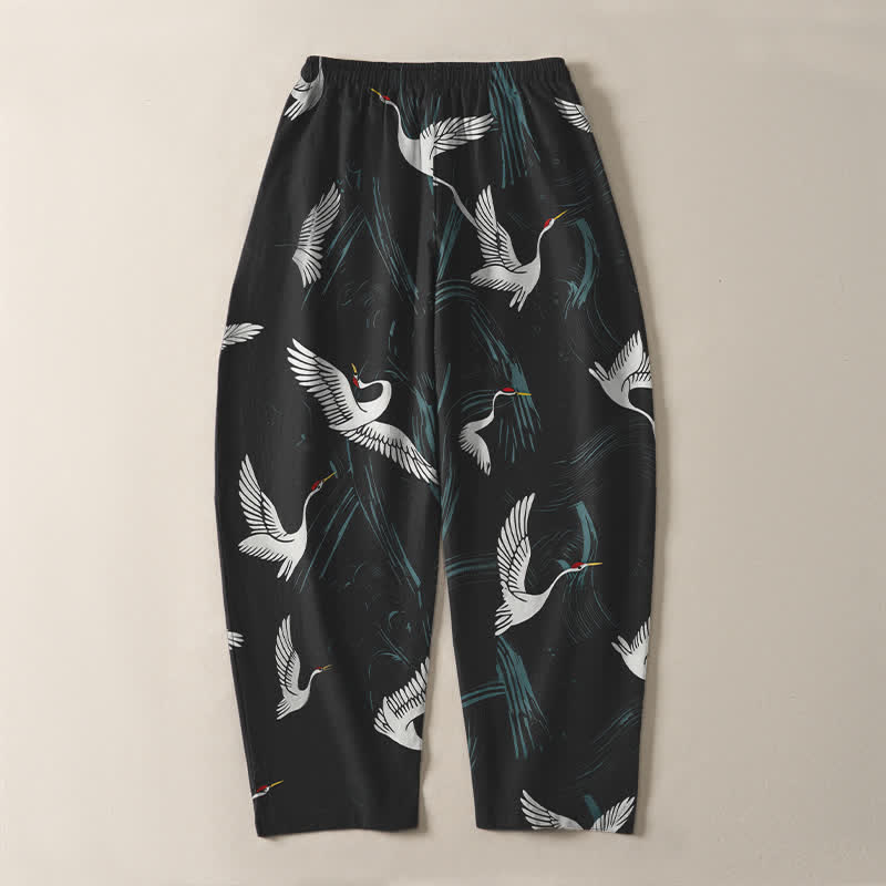 Nimara Ritual Pure Cotton Black White Crane Pattern Drawstring Men's Tapered Pants With Pockets