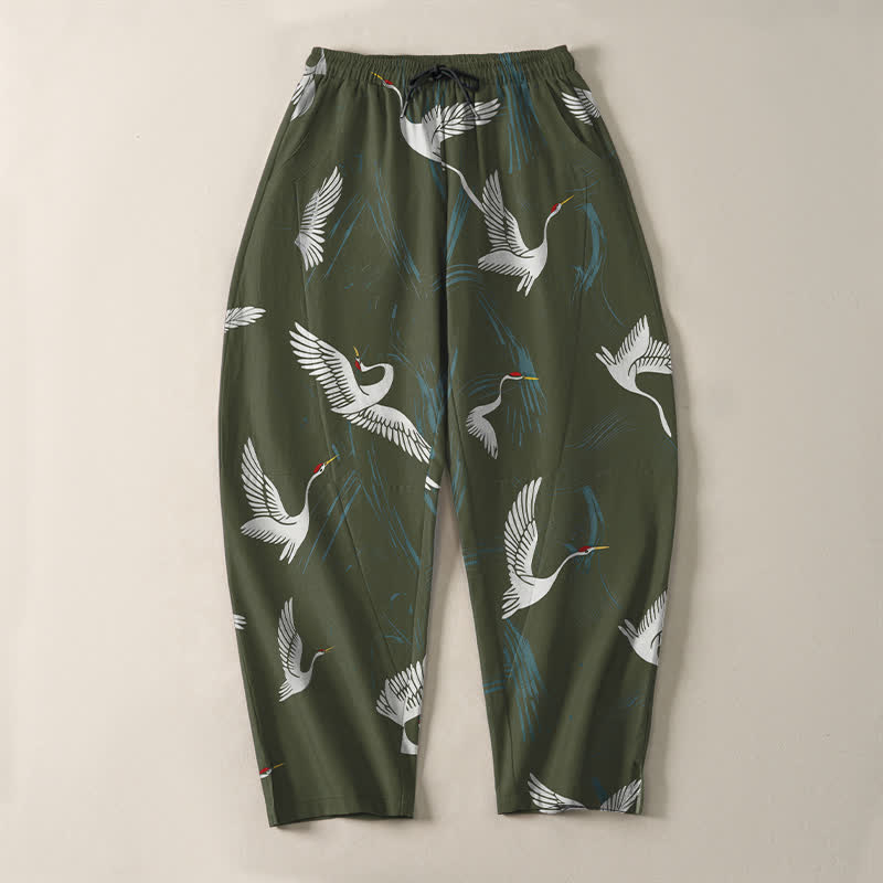 Nimara Ritual Pure Cotton Black White Crane Pattern Drawstring Men's Tapered Pants With Pockets