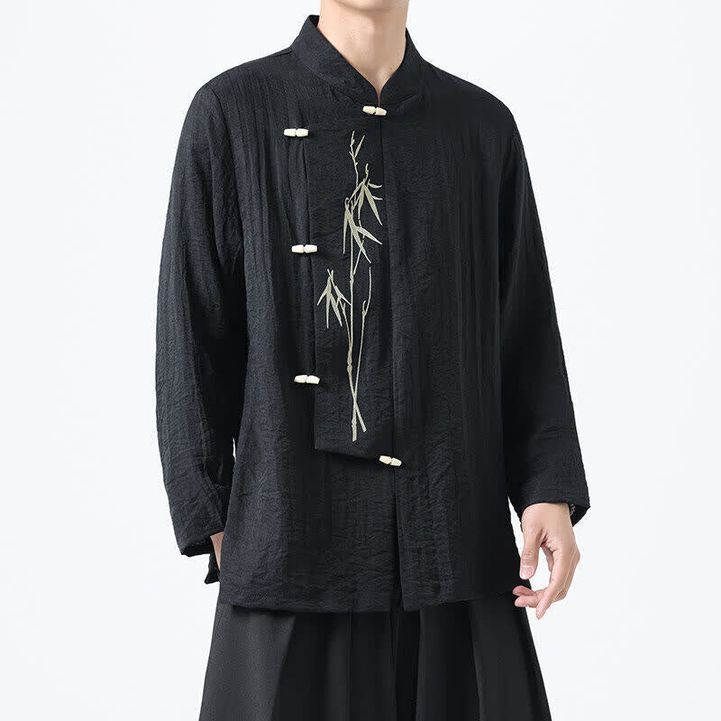 Nimara Ritual Spring Tang Style Vintage Mandarin Collar Frog Button Bamboo Embroidery Men's Long Sleeve Shirts