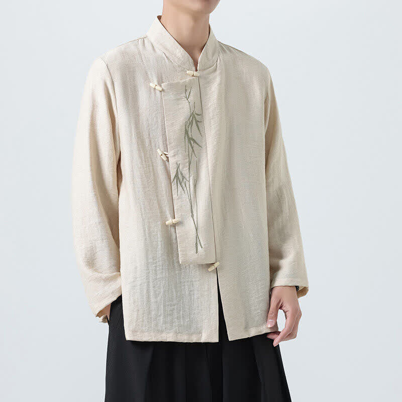 Nimara Ritual Spring Tang Style Vintage Mandarin Collar Frog Button Bamboo Embroidery Men's Long Sleeve Shirts