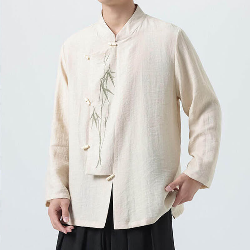 Nimara Ritual Spring Tang Style Vintage Mandarin Collar Frog Button Bamboo Embroidery Men's Long Sleeve Shirts