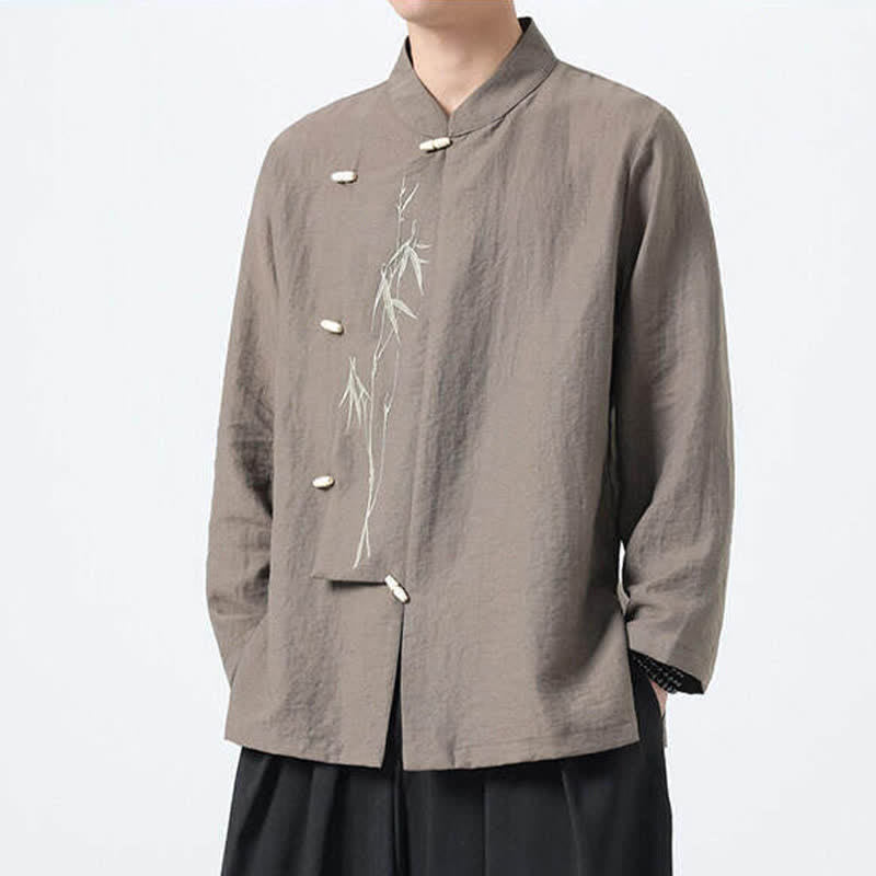 Nimara Ritual Spring Tang Style Vintage Mandarin Collar Frog Button Bamboo Embroidery Men's Long Sleeve Shirts