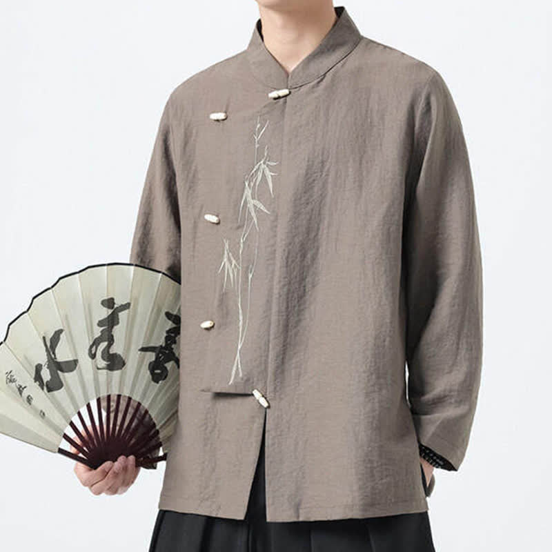Nimara Ritual Spring Tang Style Vintage Mandarin Collar Frog Button Bamboo Embroidery Men's Long Sleeve Shirts