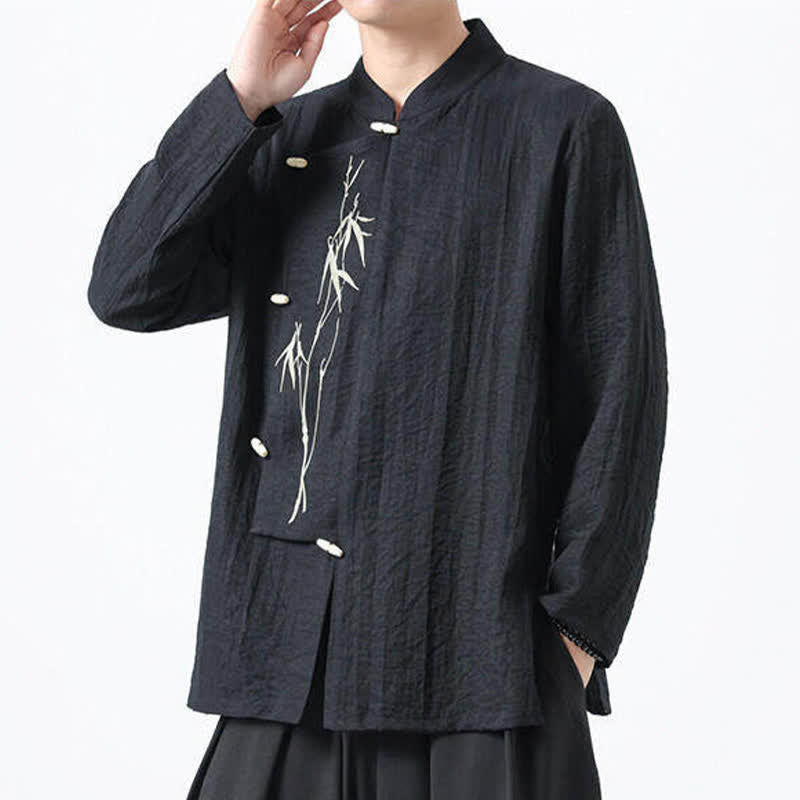 Nimara Ritual Spring Tang Style Vintage Mandarin Collar Frog Button Bamboo Embroidery Men's Long Sleeve Shirts
