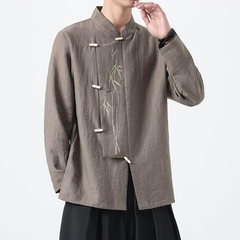 Nimara Ritual Spring Tang Style Vintage Mandarin Collar Frog Button Bamboo Embroidery Men's Long Sleeve Shirts