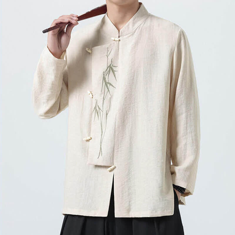 Nimara Ritual Spring Tang Style Vintage Mandarin Collar Frog Button Bamboo Embroidery Men's Long Sleeve Shirts