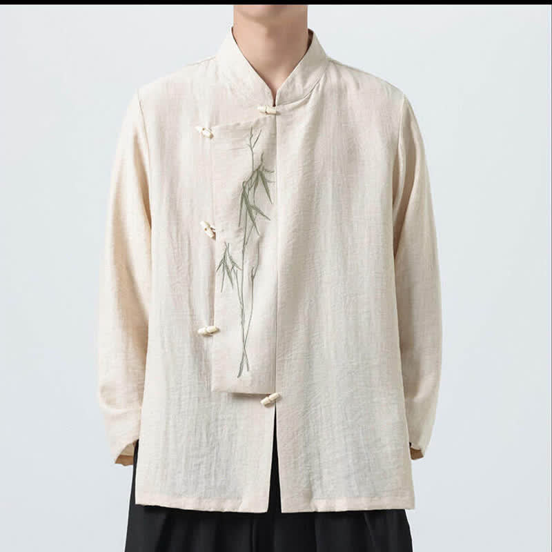 Nimara Ritual Spring Tang Style Vintage Mandarin Collar Frog Button Bamboo Embroidery Men's Long Sleeve Shirts