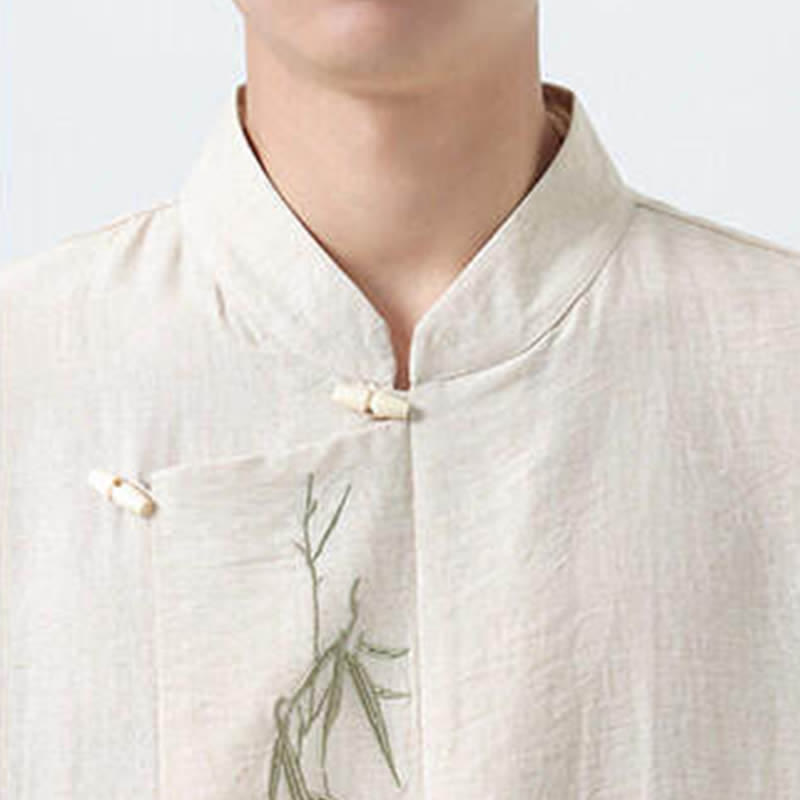 Nimara Ritual Spring Tang Style Vintage Mandarin Collar Frog Button Bamboo Embroidery Men's Long Sleeve Shirts
