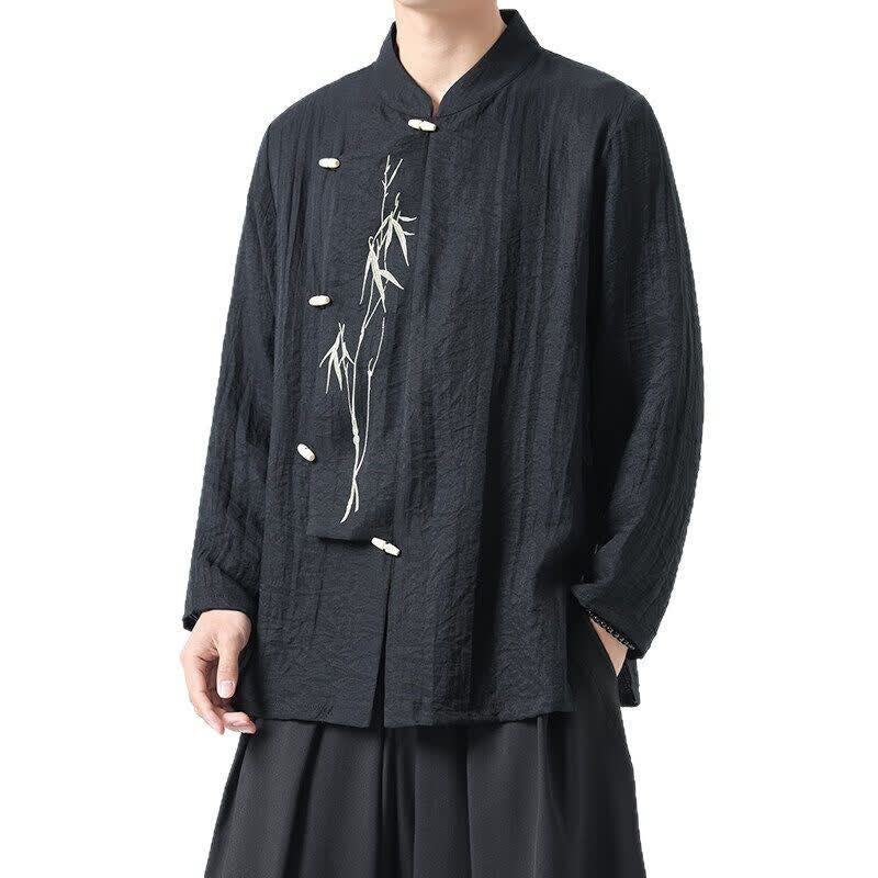 Nimara Ritual Spring Tang Style Vintage Mandarin Collar Frog Button Bamboo Embroidery Men's Long Sleeve Shirts
