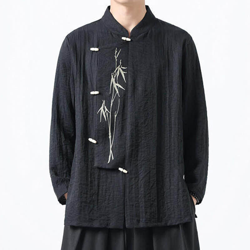 Nimara Ritual Spring Tang Style Vintage Mandarin Collar Frog Button Bamboo Embroidery Men's Long Sleeve Shirts