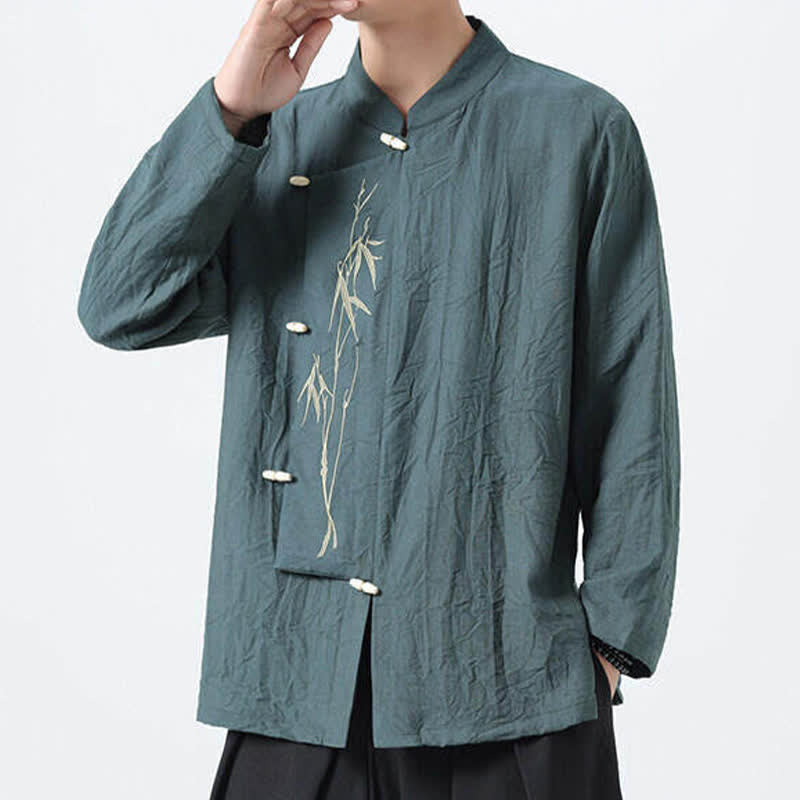 Nimara Ritual Spring Tang Style Vintage Mandarin Collar Frog Button Bamboo Embroidery Men's Long Sleeve Shirts