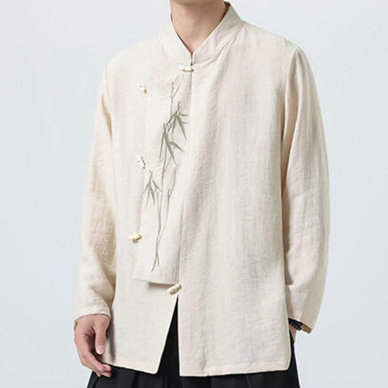 Nimara Ritual Spring Tang Style Vintage Mandarin Collar Frog Button Bamboo Embroidery Men's Long Sleeve Shirts
