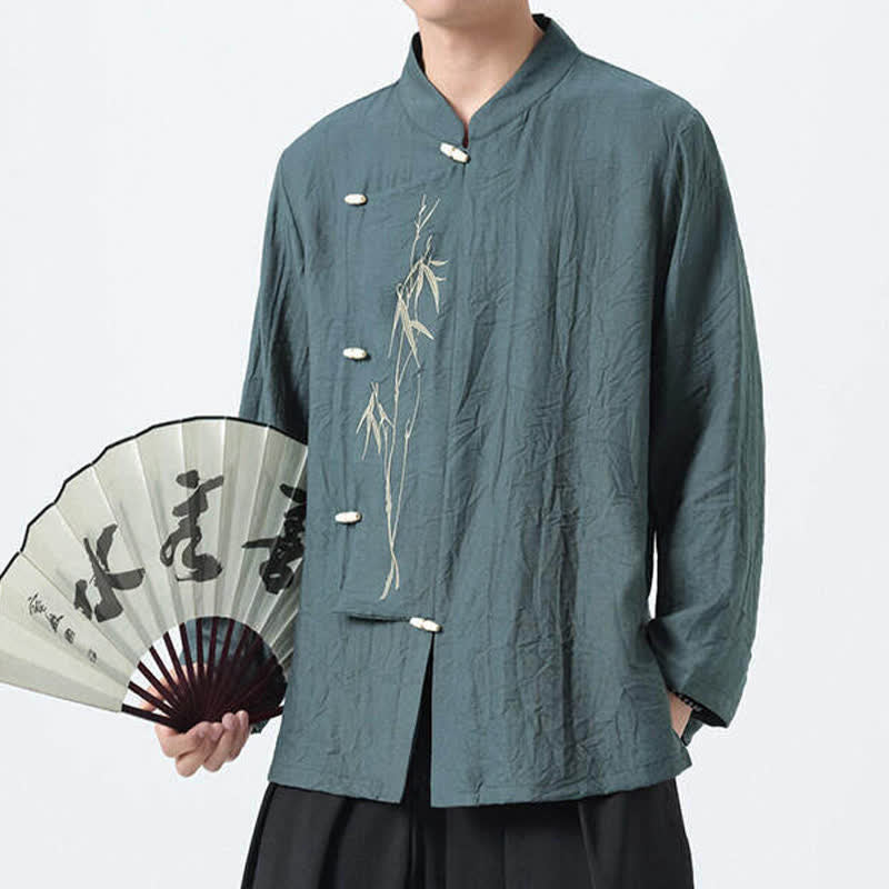 Nimara Ritual Spring Tang Style Vintage Mandarin Collar Frog Button Bamboo Embroidery Men's Long Sleeve Shirts