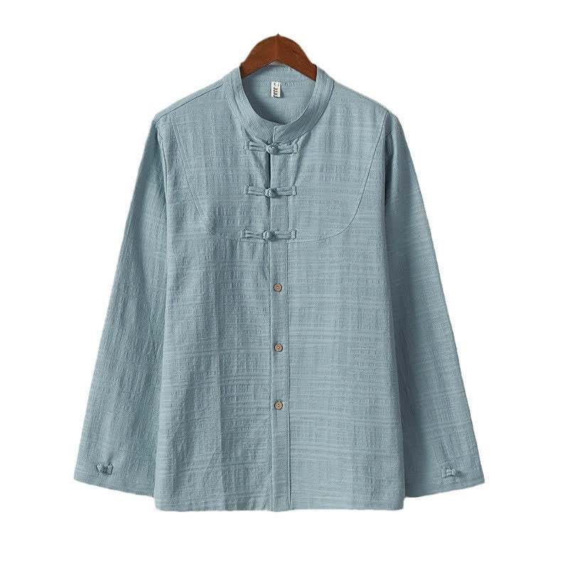 Nimara Ritual Fall Winter Tang Style Vintage Mandarin Collar Frog Button Solid Men's Long Sleeve Shirts