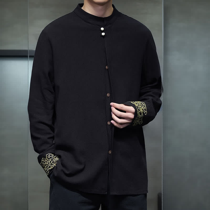 Nimara Ritual Fall Winter Tang Style Casual Mandarin Collar Embroidery Auspicious Clouds Cuffs Solid Men's Long Sleeve Shirts