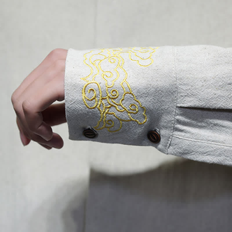 Nimara Ritual Fall Winter Tang Style Casual Mandarin Collar Embroidery Auspicious Clouds Cuffs Solid Men's Long Sleeve Shirts