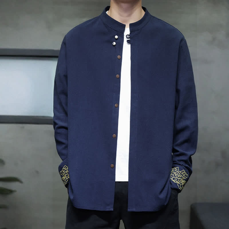 Nimara Ritual Fall Winter Tang Style Casual Mandarin Collar Embroidery Auspicious Clouds Cuffs Solid Men's Long Sleeve Shirts