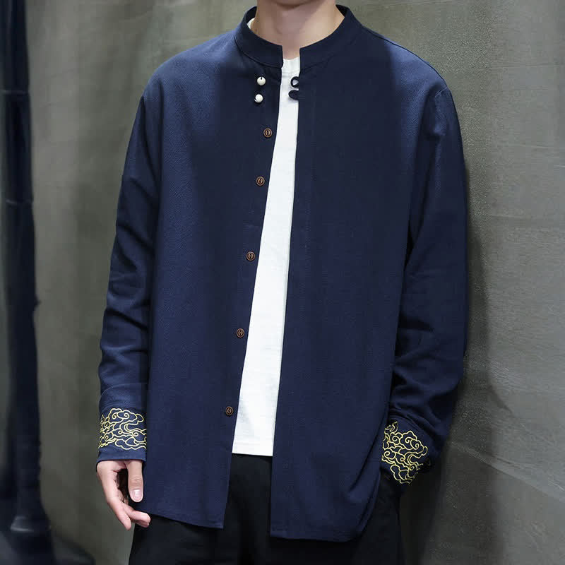 Nimara Ritual Fall Winter Tang Style Casual Mandarin Collar Embroidery Auspicious Clouds Cuffs Solid Men's Long Sleeve Shirts