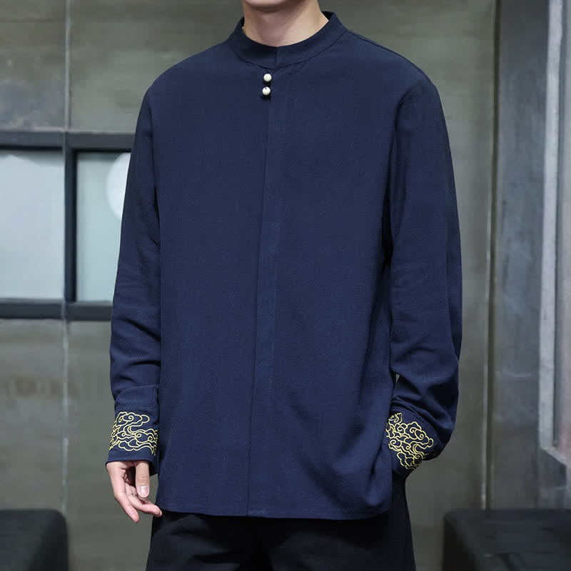 Nimara Ritual Fall Winter Tang Style Casual Mandarin Collar Embroidery Auspicious Clouds Cuffs Solid Men's Long Sleeve Shirts