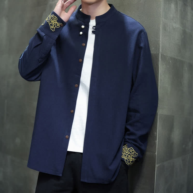 Nimara Ritual Fall Winter Tang Style Casual Mandarin Collar Embroidery Auspicious Clouds Cuffs Solid Men's Long Sleeve Shirts