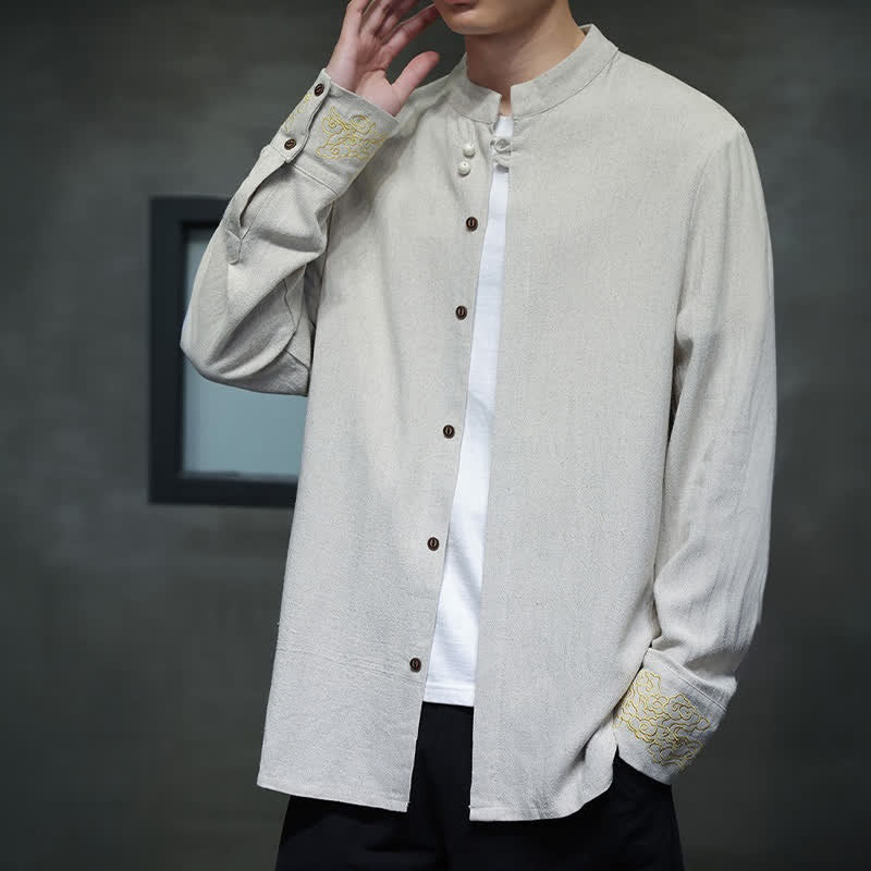 Nimara Ritual Fall Winter Tang Style Casual Mandarin Collar Embroidery Auspicious Clouds Cuffs Solid Men's Long Sleeve Shirts