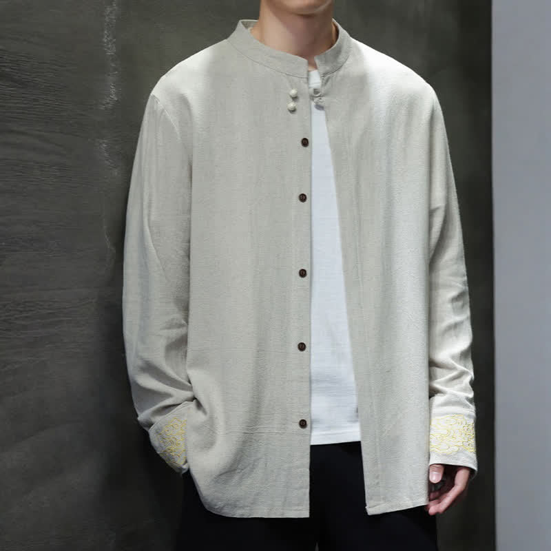 Nimara Ritual Fall Winter Tang Style Casual Mandarin Collar Embroidery Auspicious Clouds Cuffs Solid Men's Long Sleeve Shirts