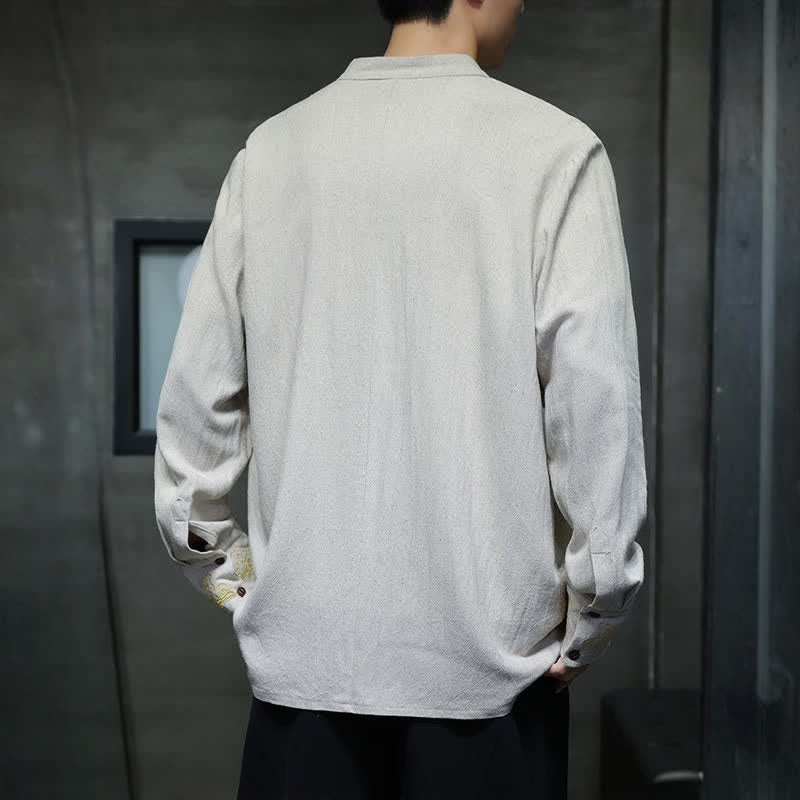 Nimara Ritual Fall Winter Tang Style Casual Mandarin Collar Embroidery Auspicious Clouds Cuffs Solid Men's Long Sleeve Shirts