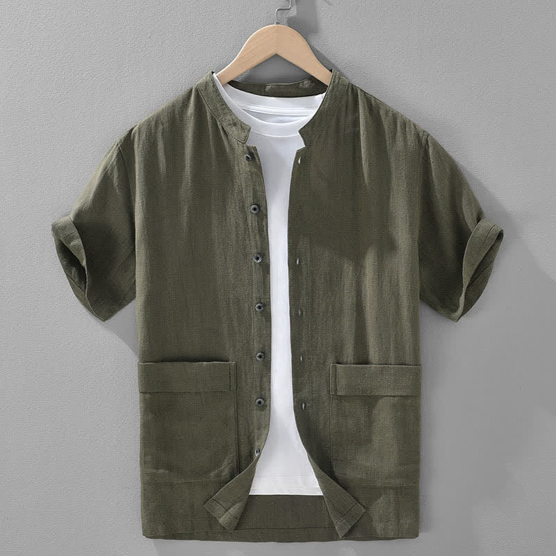 Nimara Ritual Summer Casual Mandarin Collar Button-Up Solid Men's Short Sleeve Shirts With Pockets